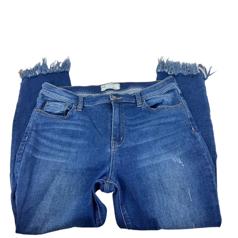 Free People Blue Frayed Fringe Hem Skinny Jeans Womens Size 30 Distressed Denim - Picture 3 of 12